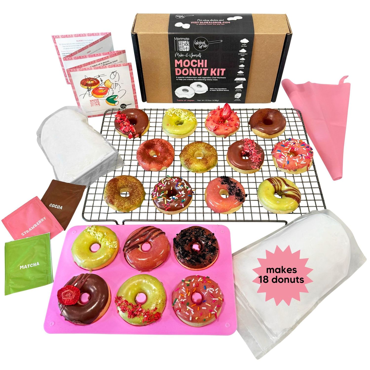 Global Grub DIY Morimoto Mochi Donut Kit - Includes Mochi Donut Mold, Reusable Piping Bag, Sweet Rice Mochi Flour, Confectioners Sugar, Strawberry Powder, Cocoa Powder &amp; Matcha Green Tea Powder, St...