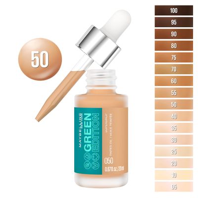 Maybelline Green Edition Superdrop Tinted Oil Base Makeup, Adjustable Natural Coverage Foundation Formulated With Jojoba & Marula Oil, 50, 1 Count