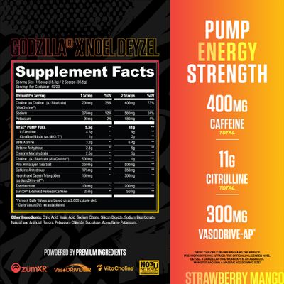 RYSE Godzilla X Noel Deyzel Pre Workout Powder - Strawberry Mango - 400mg Caffeine, High Stim Pre-Workout for Men &amp; Women with Citrulline &amp; Beta Alanine - Energy, Pump &amp; Focus - 20/40 Servings