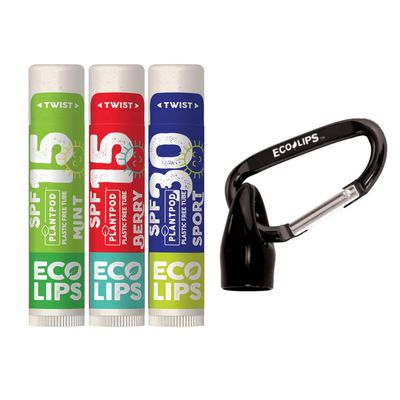 Eco Lips Broad Spectrum SPF Sun Protection Lip Balm 3-Pack with Carabiner Eco Clip (Berry, Vanilla, Mint) With Cocoa Butter &amp; Aloe to Moisturize Lips | Made in USA