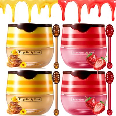 4 PCS Honey Lip Balm Pot, Honey &amp; Strawberry Lip Sleeping Mask Vitamin E &amp; Moisturizing Propolis Lip Balm with Stick, Prevention Dry &amp; Cracked Lip Scrubs Exfoliator Lip Wrinkle