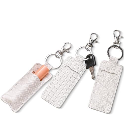 Cosblank 3 Pcs Lipstick Holder Keychain PU Leather Lip Balm Holder Potable Lipstick Keychain Case Organizer for Women Christmas Travel Holiday Gift