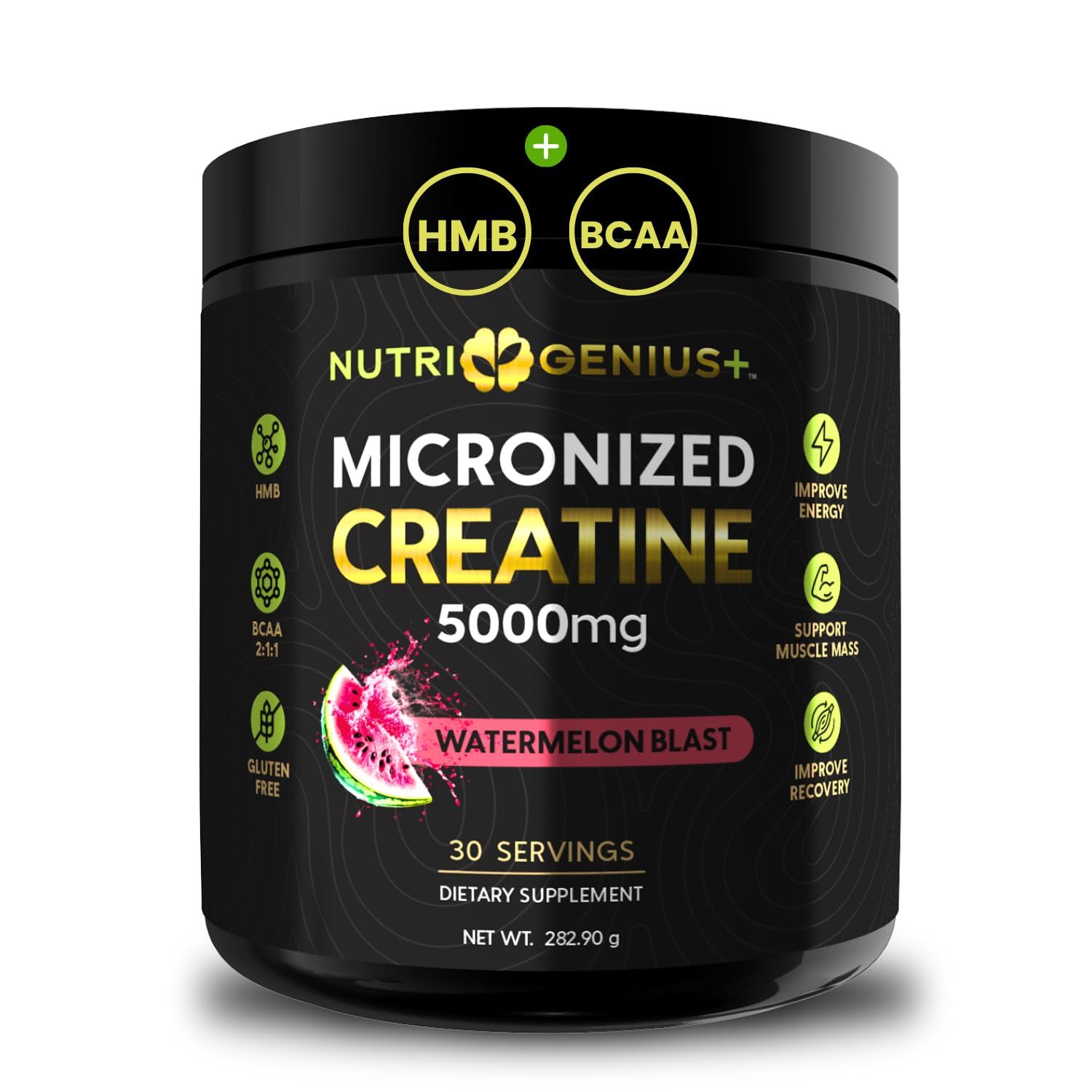 Creatine Monohydrate 5g with BCAAs -Support Muscles, Cellular Energy and Cognitive Function - Watermelon Micronized Powder - 30 Servings Keto Friendly - Gluten-Free
