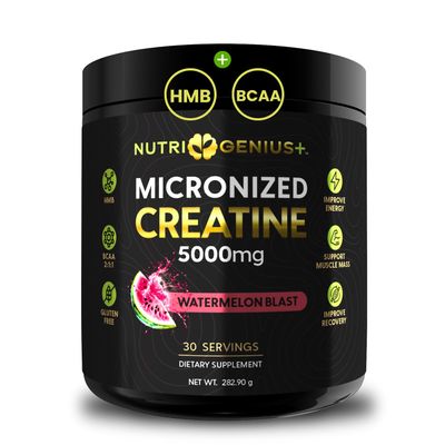 Creatine Monohydrate 5g with BCAAs -Support Muscles, Cellular Energy and Cognitive Function - Watermelon Micronized Powder - 30 Servings Keto Friendly - Gluten-Free