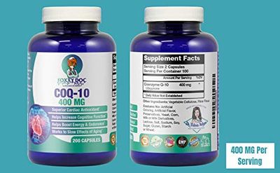 Dr. Valerie Nelson CoQ10 - Co-Enzyme Q10-400 mg per 2 Caps Serving - 200 Veg. Caps - Excellent Price - Non-GMO - 100 Day Supply Heart &amp; Brain &amp; Cell Supplement by Foxxy Doc