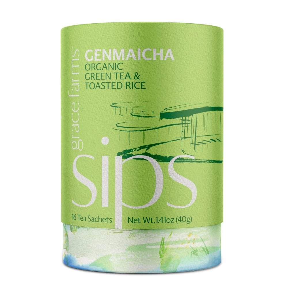 Grace Farms Organic GENMAICHA Green Tea (16 pyramid sachets) | Japanese Sencha and Toasted Rice | Smooth and Nutty | Organic and Kosher Certified | Gives Back 100 of Profits