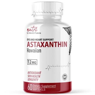 Nature&#39;s Fusions Nutri Astaxanthin 12mg Max Strength - Premium Supplements Grown in Hawaii - Powerful Antioxidant, Promotes Heart and Eye Health - 60 Softgels for Fast Absorption