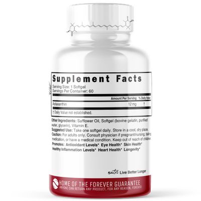 Nature's Fusions Nutri Astaxanthin 12mg Max Strength - Premium Supplements Grown in Hawaii - Powerful Antioxidant, Promotes Heart and Eye Health - 60 Softgels for Fast Absorption