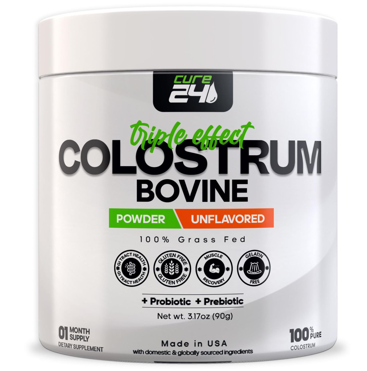 Cure24 Bovine Colostrum X3 Supplement Powder for Humans, 100 Pure Whole Natural Grass Fed Superfood, High IgG, Plus Probiotic &amp; Prebiotic, Unflavored, Made in USA