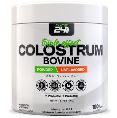 Cure24 Bovine Colostrum X3 Supplement Powder for Humans, 100 Pure Whole Natural Grass Fed Superfood, High IgG, Plus Probiotic &amp; Prebiotic, Unflavored, Made in USA