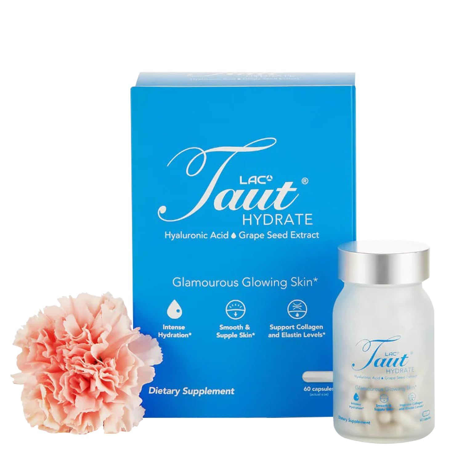 Taut Hydrate Hyaluronic Acid Supplement - 120mg Vegan Capsules with Grape Seed Extract - Deep Skin Hydration, Smooth Wrinkles &amp; Glow Support - Collagen &amp; Anti-Aging Supplement for Women &amp; Men- 60 Caps