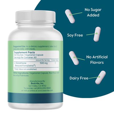 BESTVITE L-Glutathione 500mg w Setria (60 Veggie caps) - No Stearates - Vegan - Gluten Free - Non GMO