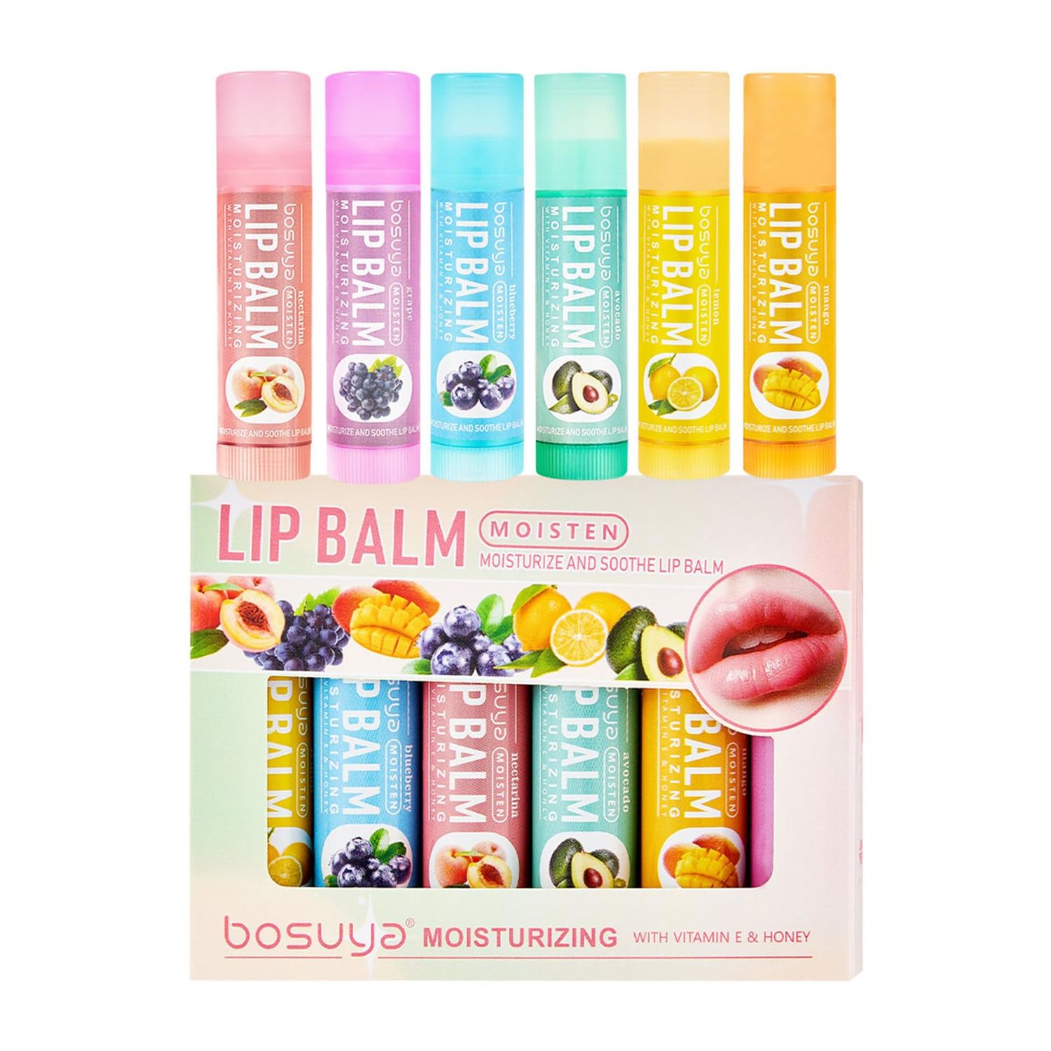 6 Pack Lip Balm Set Fruit Flavored Natural Lip Balm Bulk for Dry Cracked Lips Long Lasting Lip Care Products Anti Chapping Lip Moisturizers Winter Anti-Crack Fruity