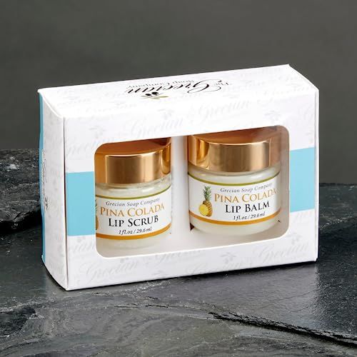 Grecian Ultimate Lip Care Gift Set Pina Colada Flavor - All-Natural Handmade Lip Scrub Exfoliator &amp; Lip Balm for Dark Lips, 4 Flavors, Lip Lightening &amp; Hydration, Soft and Plump 2oz