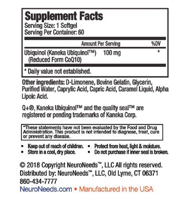 QNeeds coqh-cf Ubiquinol 100 mg COQ10 Clinically Proven Enhanced Delivery for Maximum Absorption, Enhanced Mitochondrial Support, Antioxidant for Heart Health, 60 Count Softgels
