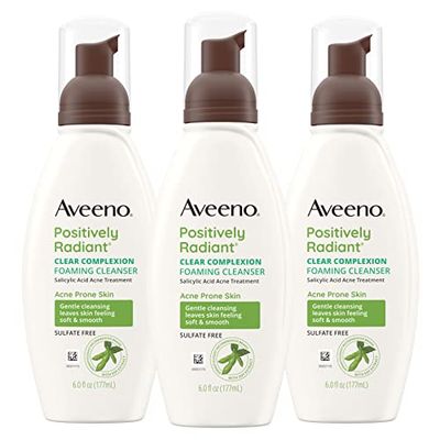 Aveeno Clear Complexion Foaming Oil-Free Facial Cleanser with Salicylic Acid Acne Medication for Breakout-Prone Skin &amp; Soy Extracts, Hypoallergenic &amp; Non-Comedogenic, 6 fl. oz, Pack of 3