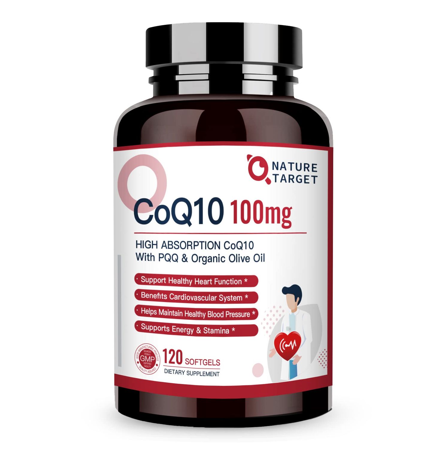 NATURE TARGET CoQ10-100mg-Softgels with 10mg PQQ - High Absorption Coenzyme-Q10 with Organic-Olive-Oil - Antioxidant for Heart &amp; Brain Health, Cellular-Energy-Production, 120 Servings