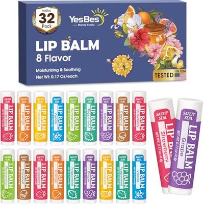 YesBes 32 Pack Lip Balm, Natural Lip Balm Bulk with Vitamin E and Coconut Oil, Moisturizing Lip Balms for Dry Cracked Lips, Lip Balms for Stocking Stuffers - 8 Flavors