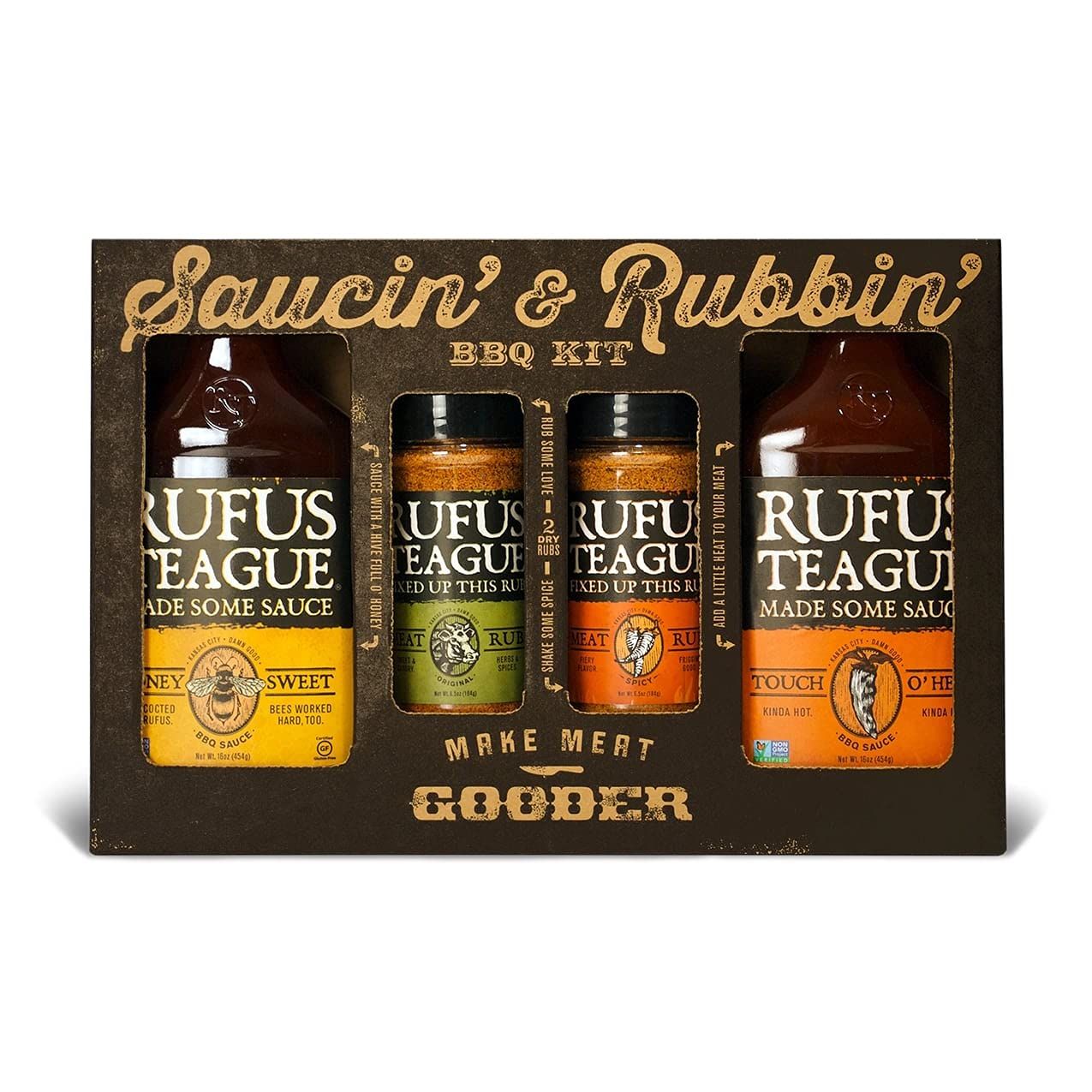 Rufus Teague BBQ Sauce &amp; Rub 4-Piece Gift Set, Saucin&#39; &amp; Rubbin&#39; Kit, Honey Sweet, Touch O&#39; Heat, Spicy &amp; Original Meat Rub, Gift for Grill Lovers