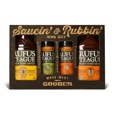 Rufus Teague BBQ Sauce &amp; Rub 4-Piece Gift Set, Saucin&#39; &amp; Rubbin&#39; Kit, Honey Sweet, Touch O&#39; Heat, Spicy &amp; Original Meat Rub, Gift for Grill Lovers