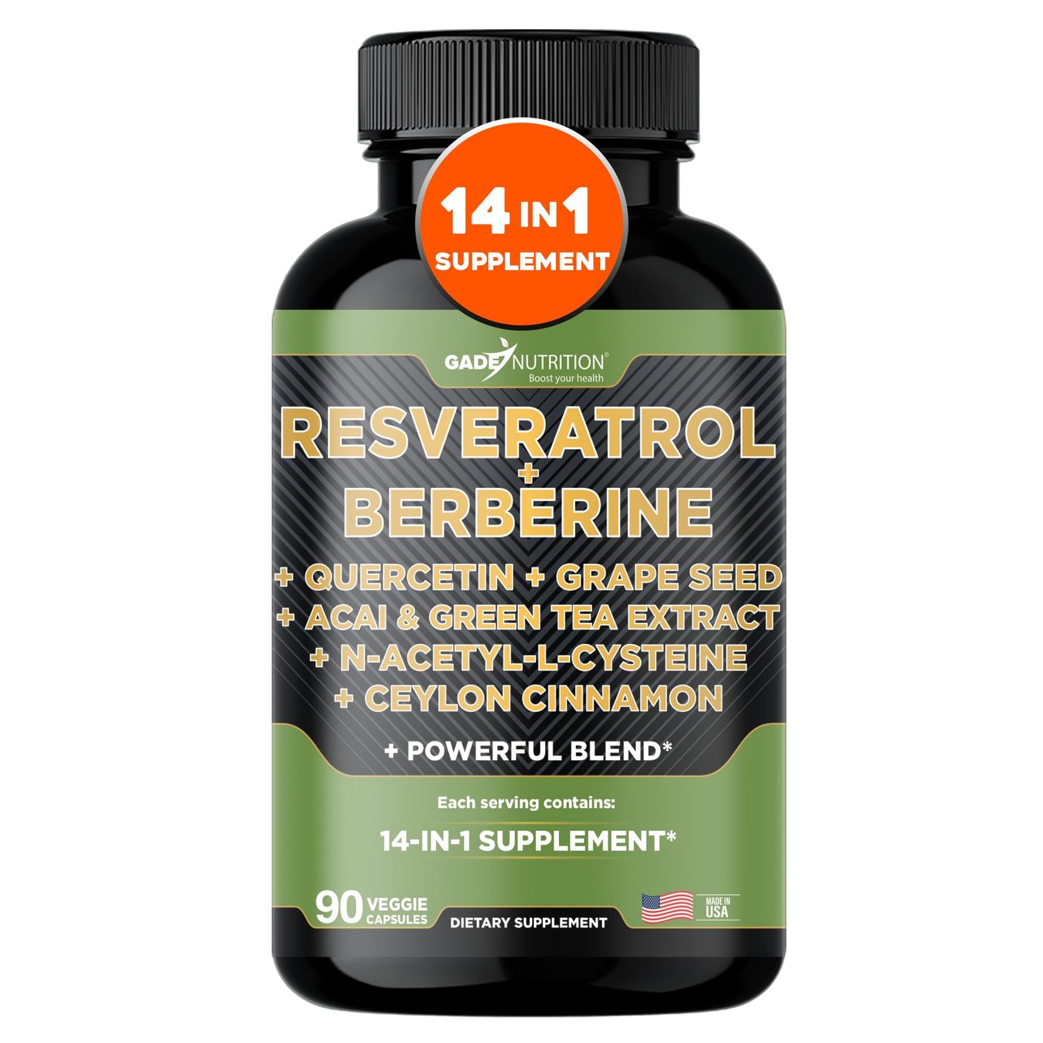 Gade Nutrition Resveratrol Berberine Quercetin Grape Seed Extract Green Tea Extract N-Acetyl Cysteine - 14 in 1 Complex Supplement for Women &amp; Men with Potent Antioxidants - Made in USA