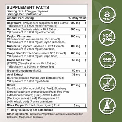 Gade Nutrition Resveratrol Berberine Quercetin Grape Seed Extract Green Tea Extract N-Acetyl Cysteine - 14 in 1 Complex Supplement for Women & Men with Potent Antioxidants - Made in USA