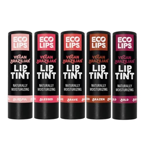 Eco Lips Vegan Cruelty-Free Brazilian Lip Tint Variety Pack - 100 Natural Lip Balm (Blessed, Blissful, Brave, Brazen, Bold) (5 Pack) | Made in USA