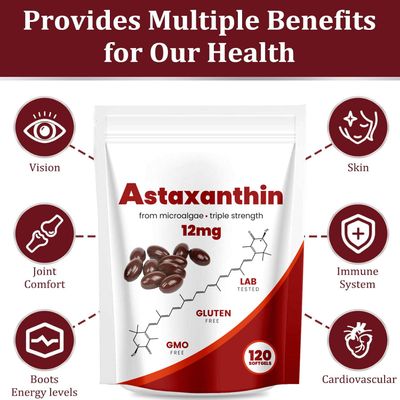 Yoqpoe Astaxanthin 12mg, Natural Antioxidant, Supports Immune, Fresh Microalgae for Skin Eye and Internal Circulation Health, 120 Softgels (01, 01)