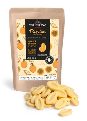 Valrhona Passion Fruit Couverture (Feves). 100 All Natural. No Preservatives. No Added Color. Made with Freeze Dried Passion Fruit Powder. Easy Melt. Intense Color and Flavor. 250g (Pack of 1)