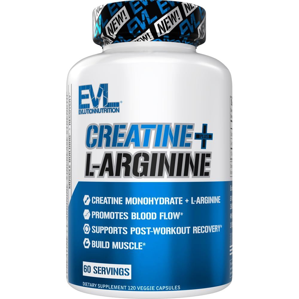 Evlution Nutrition Creatine L-Arginine - Supports Blood Flow, Post-Workout Recovery &amp; Lean Muscle Growth - 500mg Creatine Monohydrate &amp; 500mg L-Arginine Per Serving -60 Servings -120 Veggie Capsules