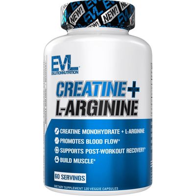 Evlution Nutrition Creatine L-Arginine - Supports Blood Flow, Post-Workout Recovery &amp; Lean Muscle Growth - 500mg Creatine Monohydrate &amp; 500mg L-Arginine Per Serving -60 Servings -120 Veggie Capsules