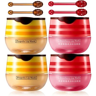 4 Pcs Lip Balm Honey Pot, Honey &amp; Strawberry Moisturizing Lip Mask Reduces Lip Lines, Prevention Dry and Cracked Lip Scrubs Exfoliator.(Honey &amp; Strawberry)