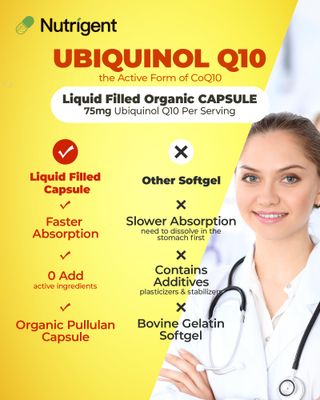 Nutrigent Ubiquinol CoQ10 75 mg, Liquid Filled Organic Capsules, High Absorption Coenzyme Q10 Supplements, Antioxidant for Heart Health &amp; Energy Production, 30 Count