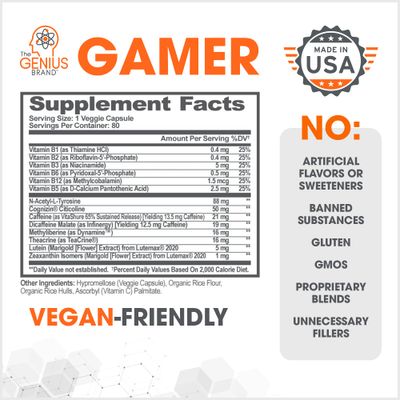 Genius Gamer, Gaming Focus Supplement, 80 Pills - Elite Nootropic Performance Booster - Boost Brain &amp; Mental Clarity, Reaction Time &amp; Concentration - Blue Light Support with Lutemax