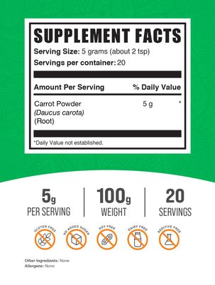 BulkSupplements.com Carrot Powder - Superfood Powder Supplement, Carrot Supplement - for Smoothies &amp; Baking, Vegan &amp; Gluten Free, 5g per Serving, 100g (3.5 oz) (Pack of 1)