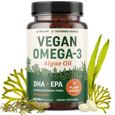 Vegan Omega 3 Algae Oil | Plant Based DHA EPA | Sustainably Sourced, No Carrageenan, Non GMO | Heart, Brain, and Eye Health | Fish Oil Alternative | Algae Omega 3 Supplement | 60 Softgel Capsules