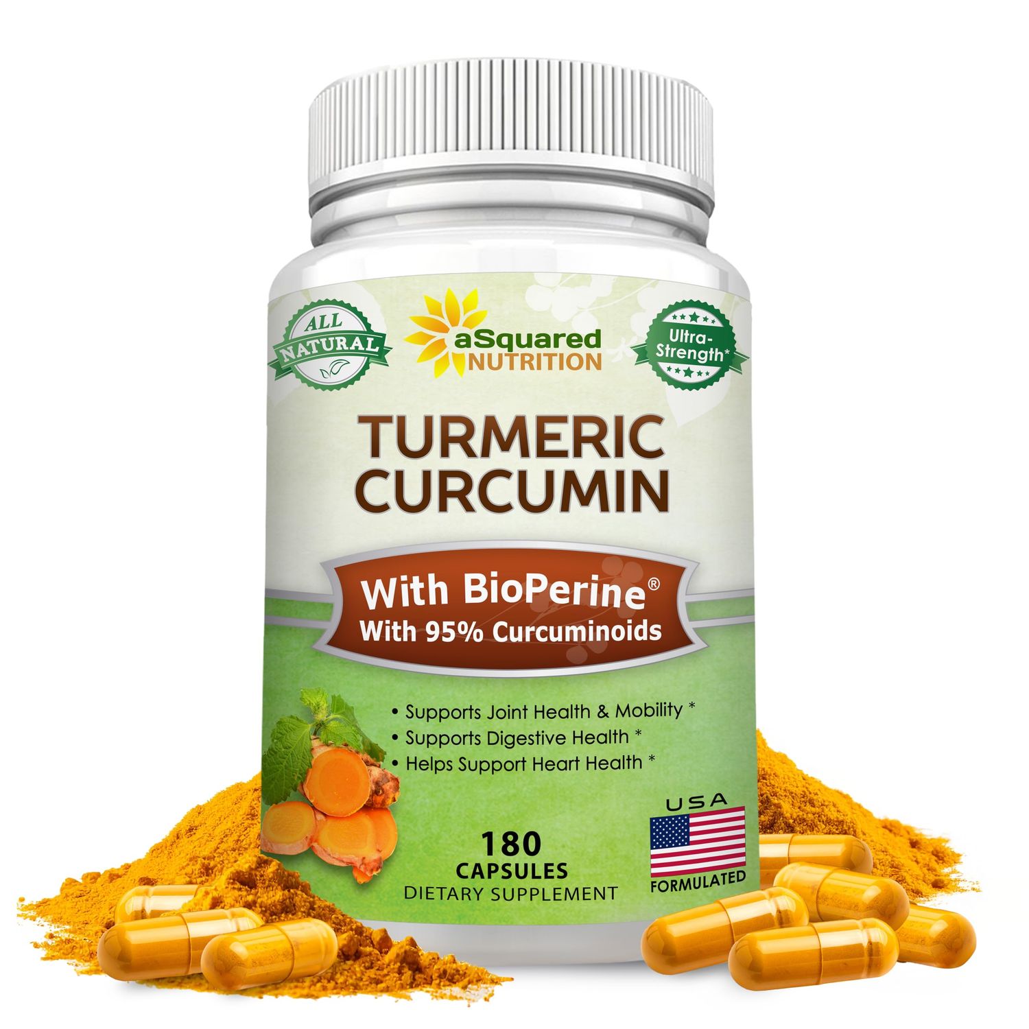 aSquared Nutrition Turmeric Curcumin 1300mg with BioPerine Black Pepper Extract - 180 Capsules - with 95 Curcuminoids, 100 Natural Tumeric Root Powder Supplements, Pure &amp; Joint Stiffness Pills