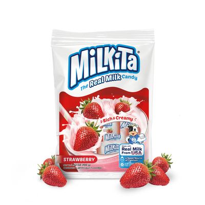 Milkita The Real Milk Candy Bag, Gluten Free Chewy Candies with Calcium &amp; Real Milk, Zero Trans Fat, Low-Sugar, Strawberry Flavor, 25 Pcs