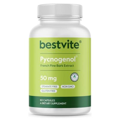 BESTVITE Pycnogenol 50mg (60 Capsules) - French Maritime Pine Bark Extract - No Stearates - Gluten Free - Non GMO
