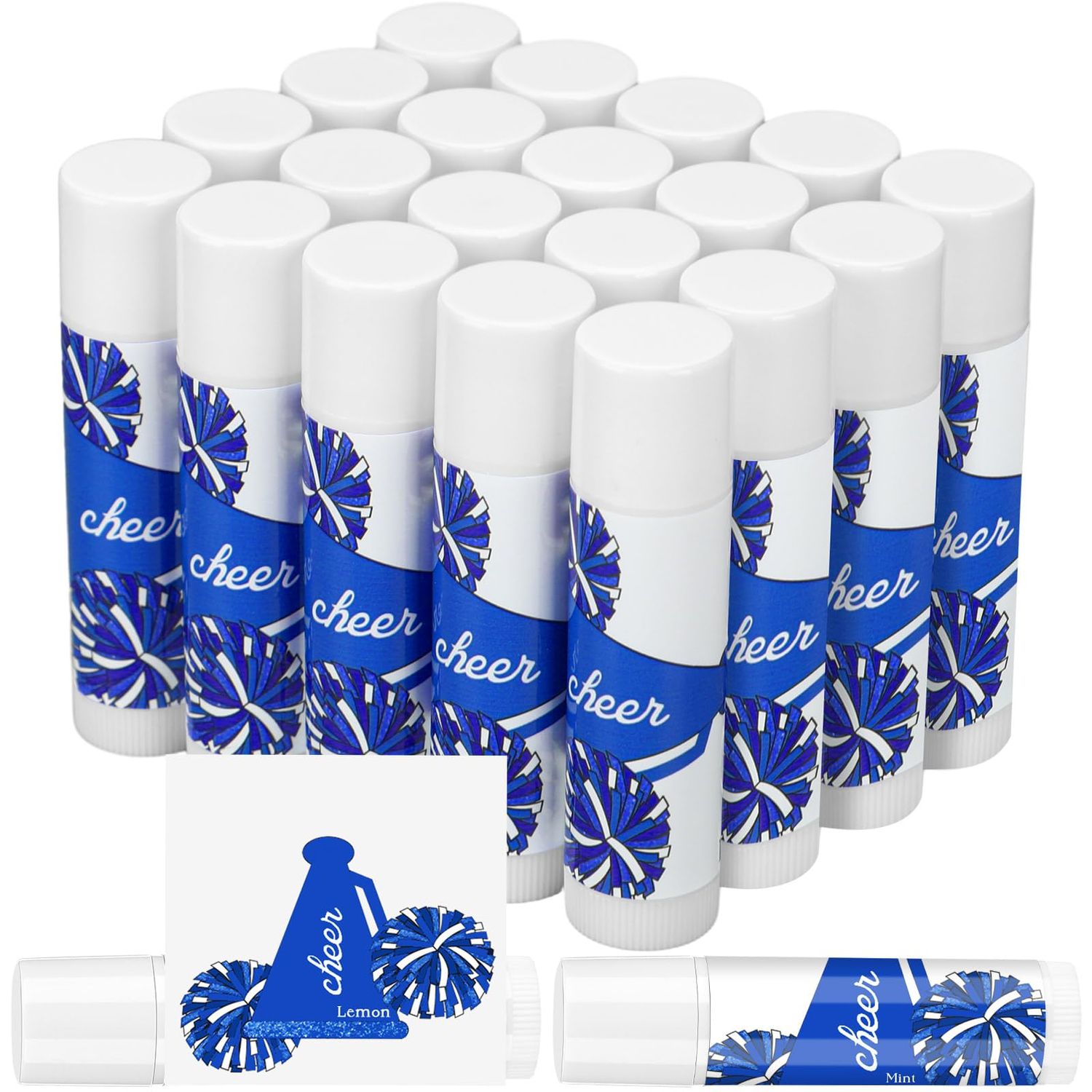 Suttmin 24 Pcs Cheer Lip Balm Cheer Teams Gifts Pom Pom Leaders Party Favors Gear Lip Balm Mom Gift for Competitive Party Guest Supplies(Blue and White)
