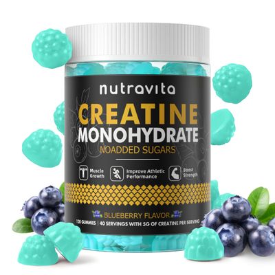 Nutravita Creatine Monohydrate Gummies for Men &amp; Women-5g of Creatine Monohydrate per Serving - Sugar Free,Vegan, Blueberry Flavor, 120 Count