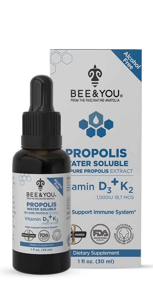 BEE and You Liquid Propolis Extract, Water Soluble, Vitamins D3K2, High Potency, Immune Support Supplement, Sore Throat Relief, Antioxidants, Keto, Paleo, Gluten-Free, 1 Fl Oz (1 Pack)