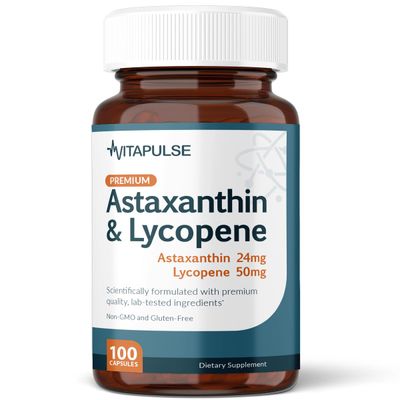 VitaPulse Astaxanthin 24mg with Lycopene 50mg Supplement, 100 Vegetarian Capsules, Non-GMO, Gluten Free