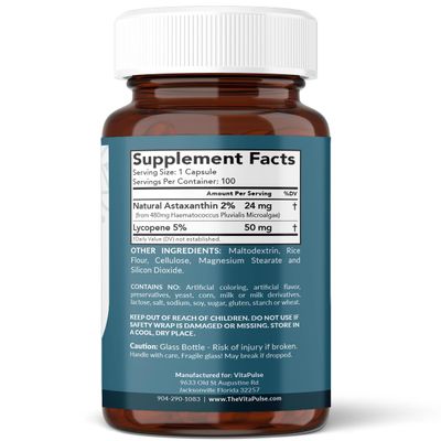VitaPulse Astaxanthin 24mg with Lycopene 50mg Supplement, 100 Vegetarian Capsules, Non-GMO, Gluten Free
