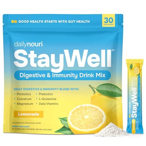 Daily Nouri StayWell Digestive &amp; Immunity Drink Mix | Probiotics, Prebiotics, Colostrum, L-Glutamine, Magnesium, Manganese, Zinc, Vitamins for Gut Health, Digestion &amp; Immune Support | 30 Stick Packs