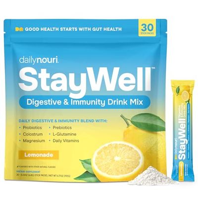 Daily Nouri StayWell Digestive &amp; Immunity Drink Mix | Probiotics, Prebiotics, Colostrum, L-Glutamine, Magnesium, Manganese, Zinc, Vitamins for Gut Health, Digestion &amp; Immune Support | 30 Stick Packs