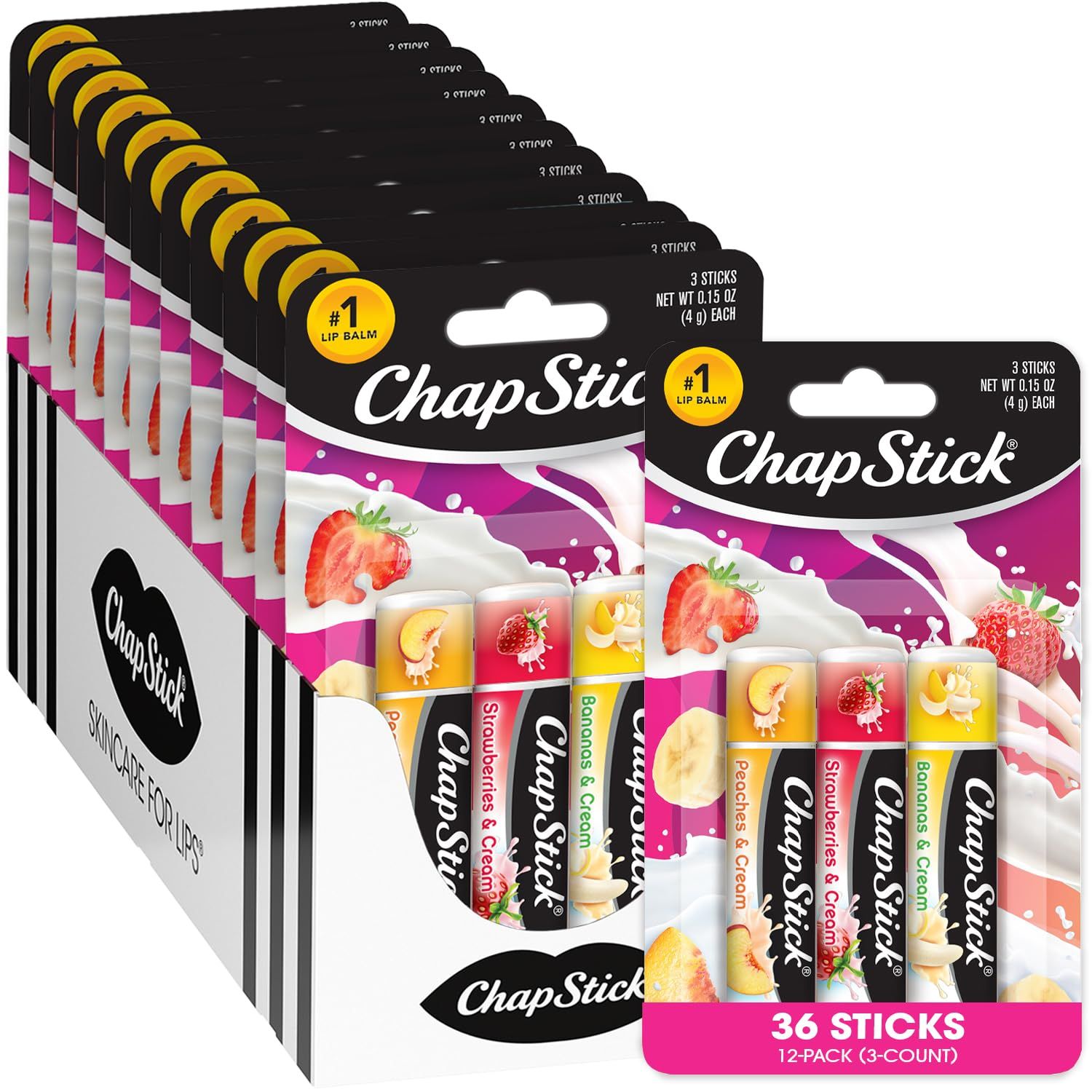 ChapStick Bulk Lip Balm, Fruit &amp; Cream Collection, 3-Packs (12 Sets/36 Tubes) - Sweet &amp; Delicious Lip Care, Birthday Gifts, Party Favors, Stocking Stuffers, 0.15 Oz Ea