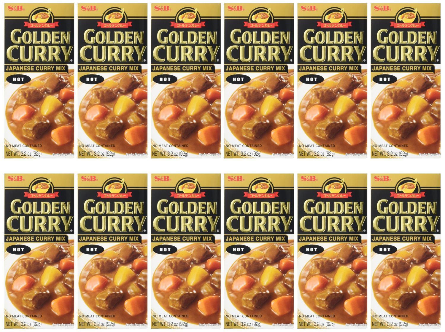 S&amp;B Hot Golden Curry Sauce Mix, No Meat Contained, 3.2 Ounces (Pack Of 12)