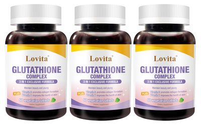 Lovita Glutathione Complex 500mg for Radiant Skin &amp; Immunity Support | 99.8 Purity with Vitamin C, Selenium &amp; E, Vegan, Non-GMO, Gluten-Free 180 Vegetarian Tablets (Pack of 3)