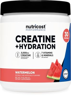 Nutricost Creatine Monohydrate Hydration Watermelon Flavored (30 Servings) - 7 Vitamins &amp; Minerals, 5000mg of Creatine Per Serving